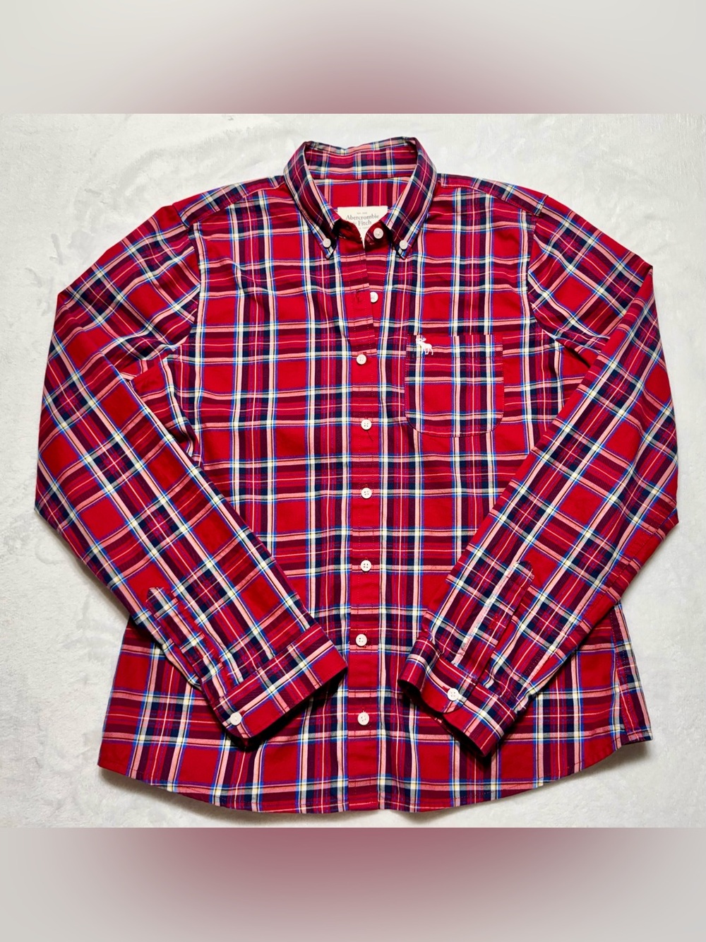 Y2K Abercrombie & Fitch Red Plaid Cotton Woven Long Sleeve Button-Down